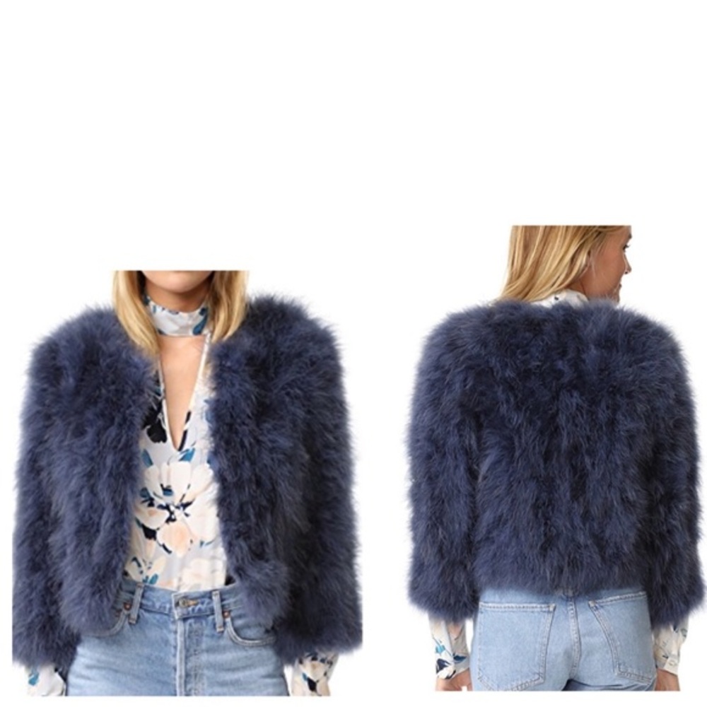 Yumi Kim Away We Go Ostrich Fur Feather Open Front Jacket Navy Blue M NWT